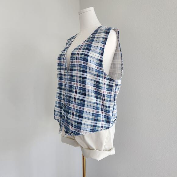 90s Vintage Cherokee Red White Blue Plaid Cotton Vest Button Front Grunge L - Picture 2 of 6